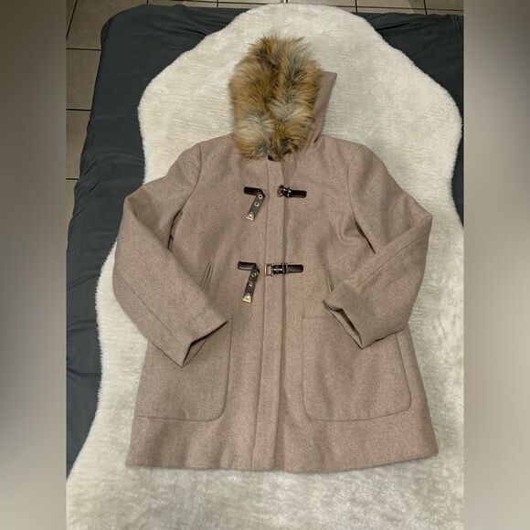 Calvin‎ Klein Beige Wool Blend Full Zip Womens Coat Size Large Jacket Fur Hood - Picture 1 of 8
